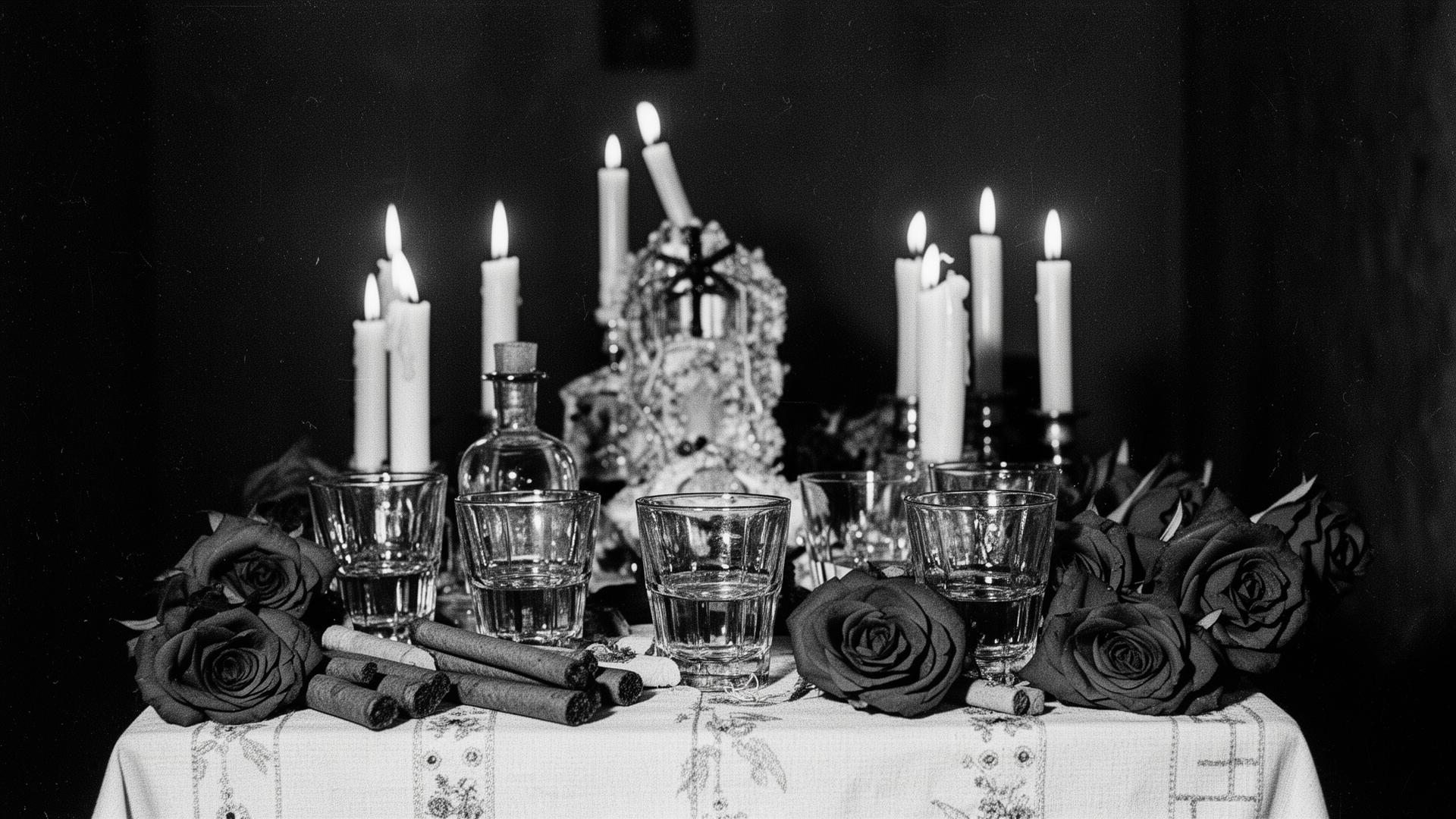 A Quimbanda altar at night, lit only by candles, with red roses and offerings